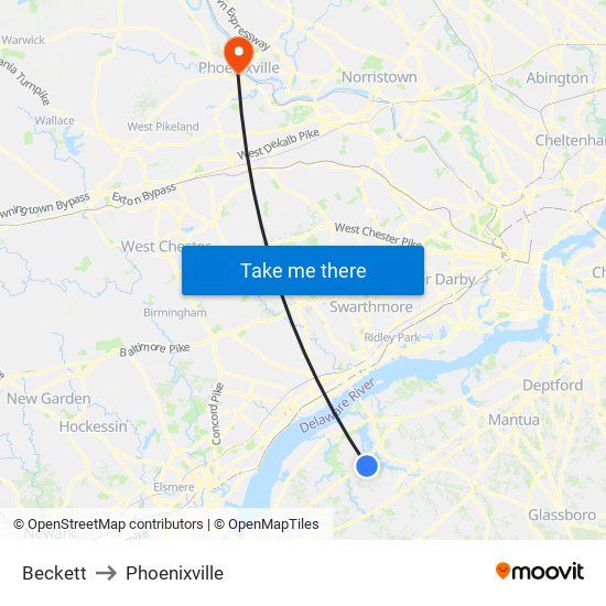 Beckett to Phoenixville map