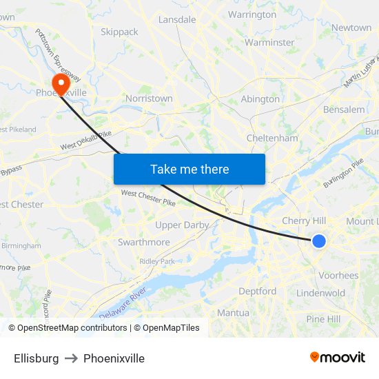 Ellisburg to Phoenixville map