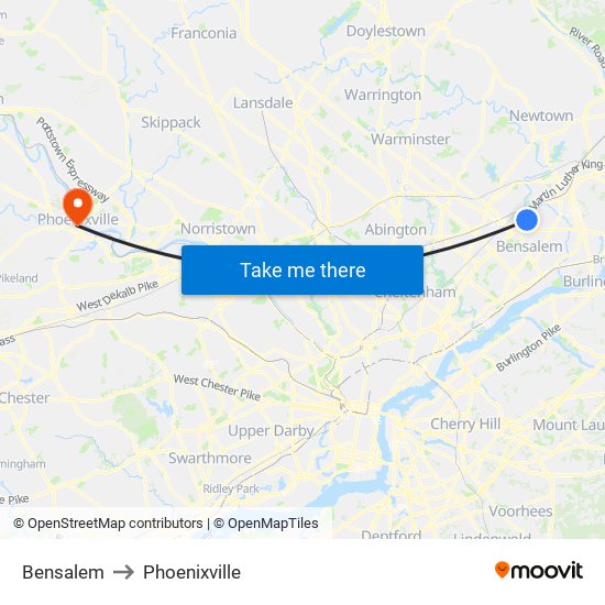 Bensalem to Phoenixville map