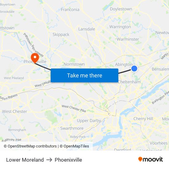 Lower Moreland to Phoenixville map