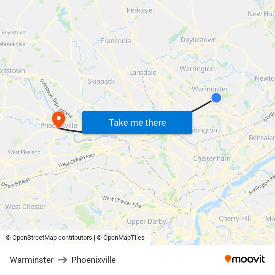 Warminster to Phoenixville map