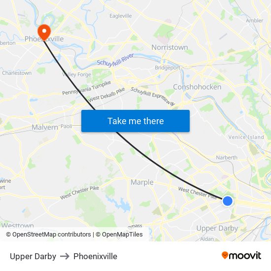 Upper Darby to Phoenixville map