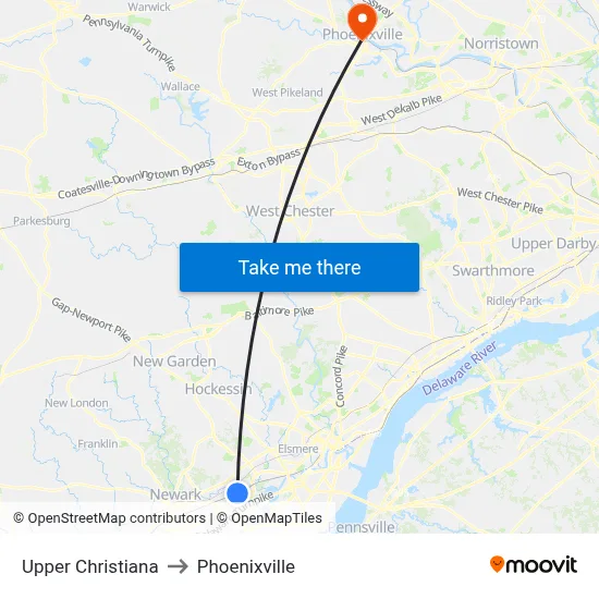 Upper Christiana to Phoenixville map