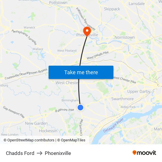 Chadds Ford to Phoenixville map