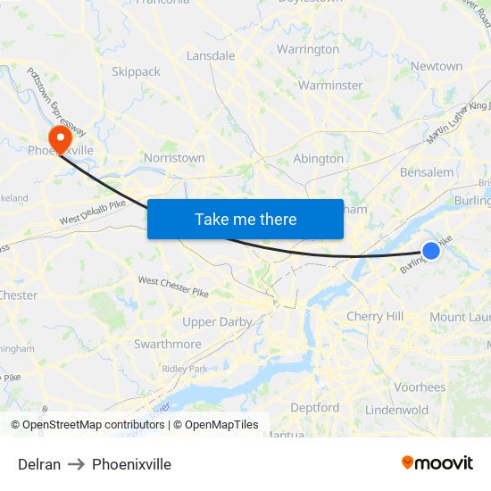 Delran to Phoenixville map
