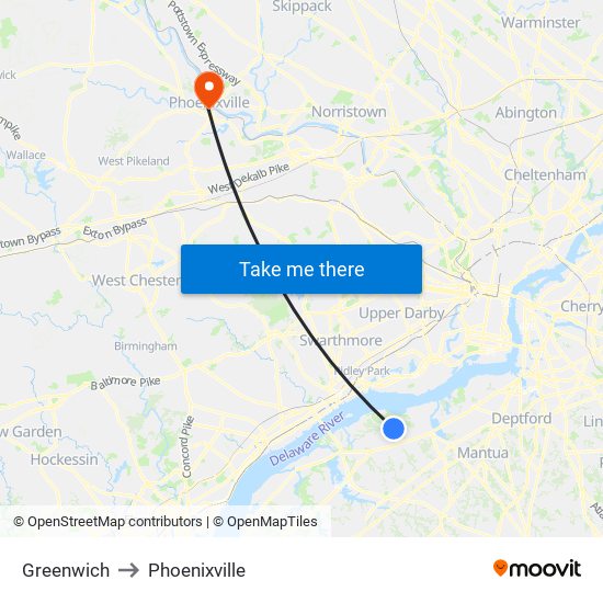 Greenwich to Phoenixville map