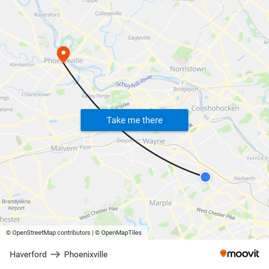 Haverford to Phoenixville map