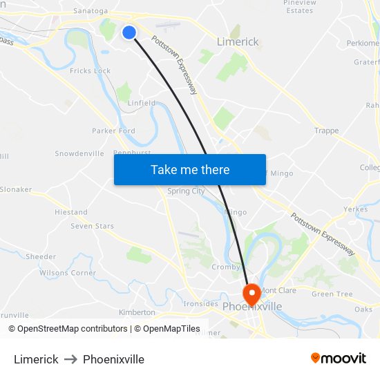 Limerick to Phoenixville map
