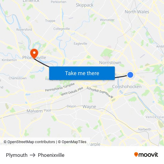 Plymouth to Phoenixville map