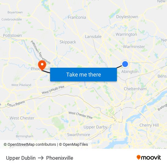 Upper Dublin to Phoenixville map