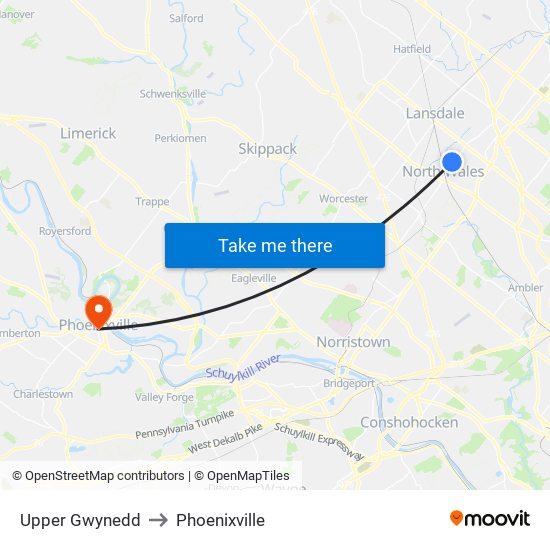 Upper Gwynedd to Phoenixville map