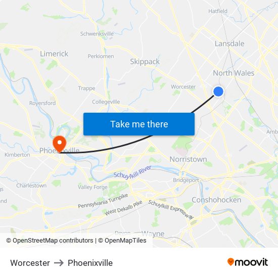 Worcester to Phoenixville map