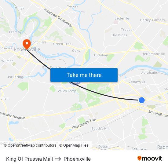 King Of Prussia Mall to Phoenixville map