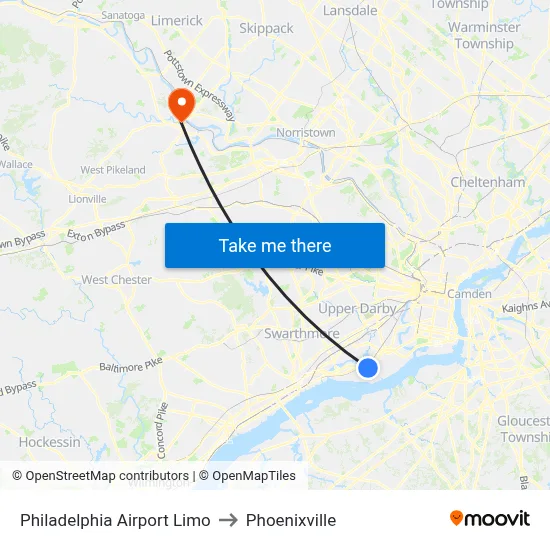Philadelphia Airport Limo to Phoenixville map
