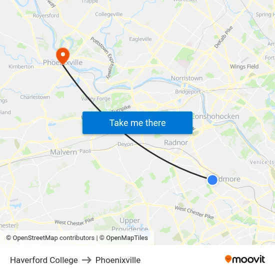 Haverford College to Phoenixville map