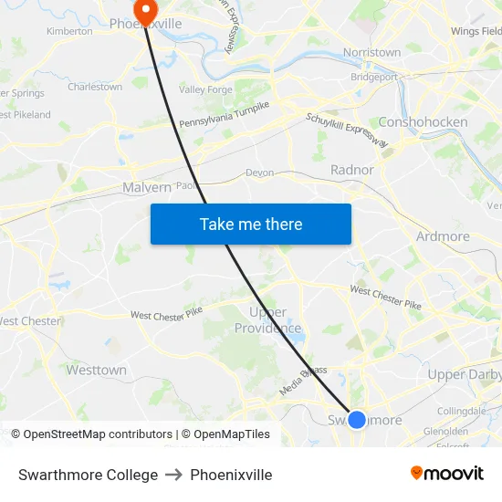 Swarthmore College to Phoenixville map