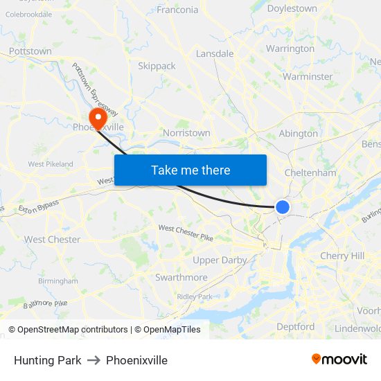 Hunting Park to Phoenixville map