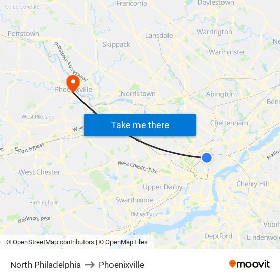 North Philadelphia to Phoenixville map