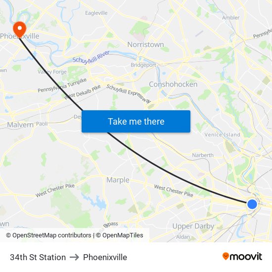 34th St Station to Phoenixville map