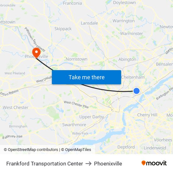 Frankford Transportation Center to Phoenixville map