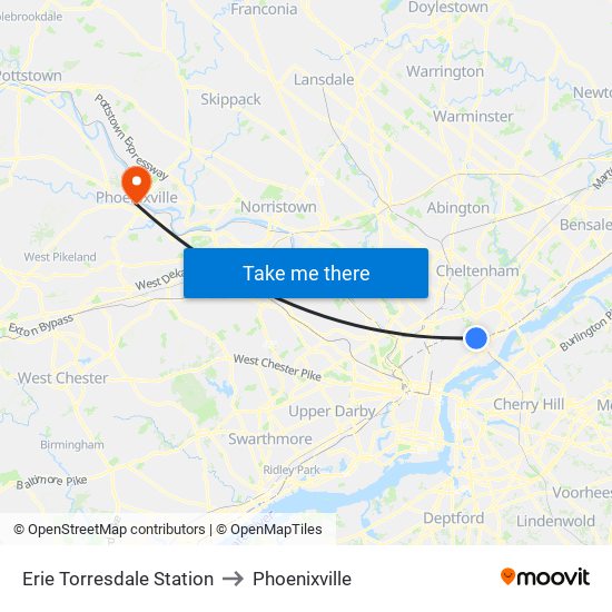 Erie Torresdale Station to Phoenixville map