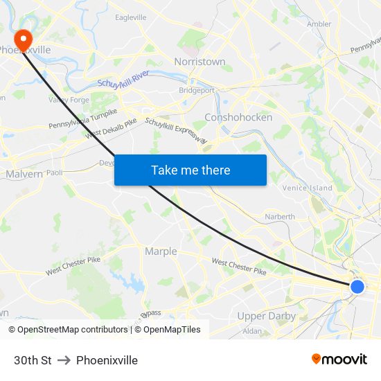 30th St to Phoenixville map