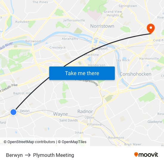 Berwyn to Plymouth Meeting map