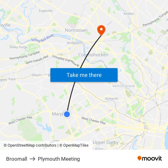 Broomall to Plymouth Meeting map