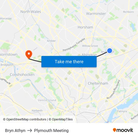 Bryn Athyn to Plymouth Meeting map