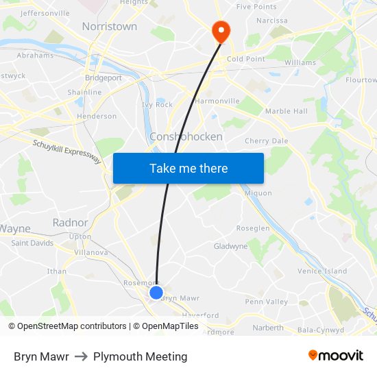 Bryn Mawr to Plymouth Meeting map