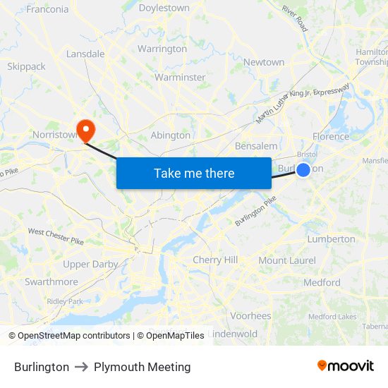 Burlington to Plymouth Meeting map