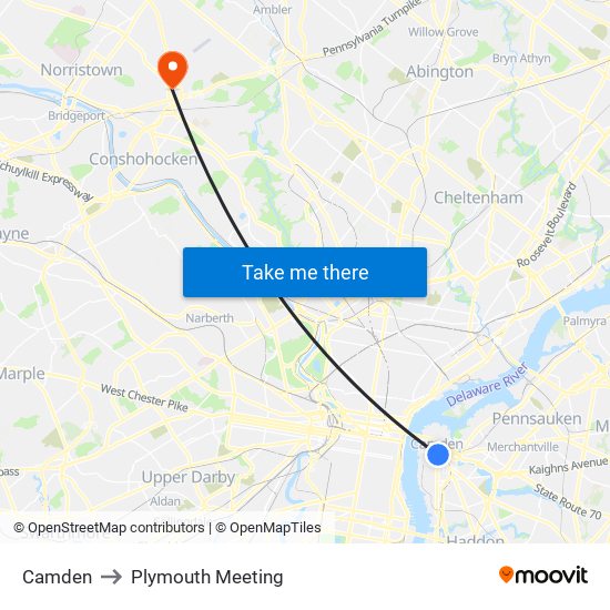 Camden to Plymouth Meeting map