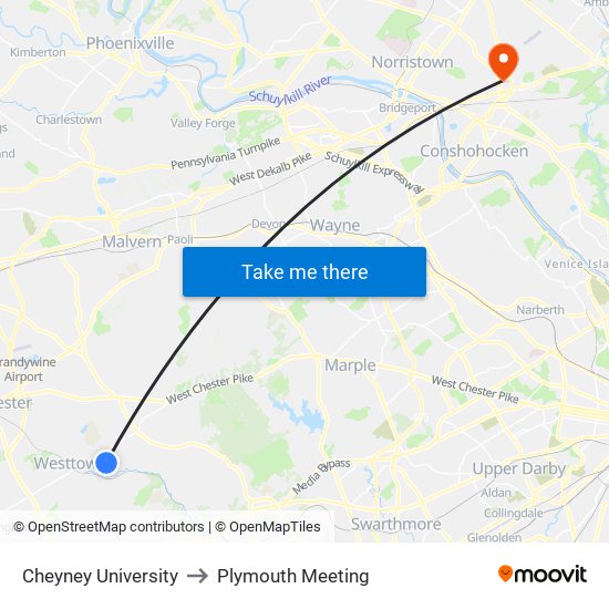 Cheyney University to Plymouth Meeting map