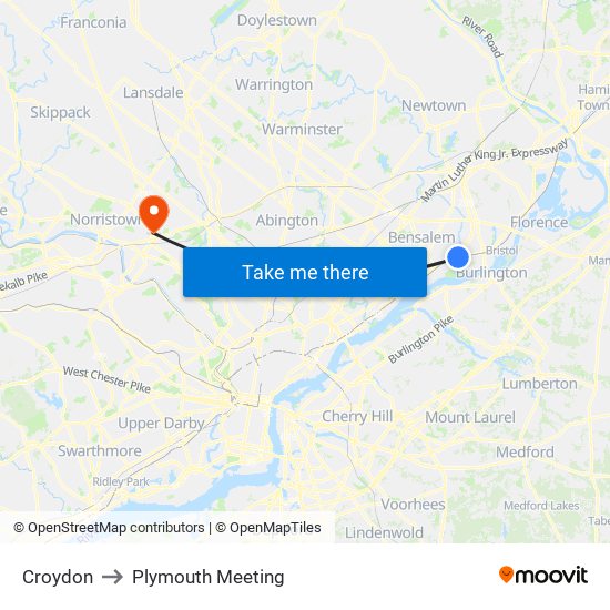 Croydon to Plymouth Meeting map