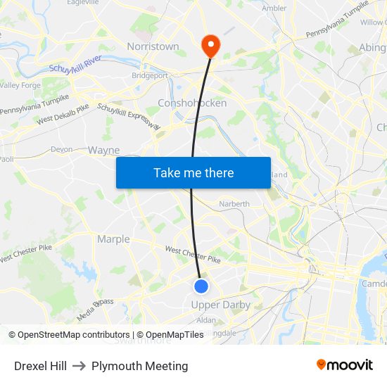 Drexel Hill to Plymouth Meeting map
