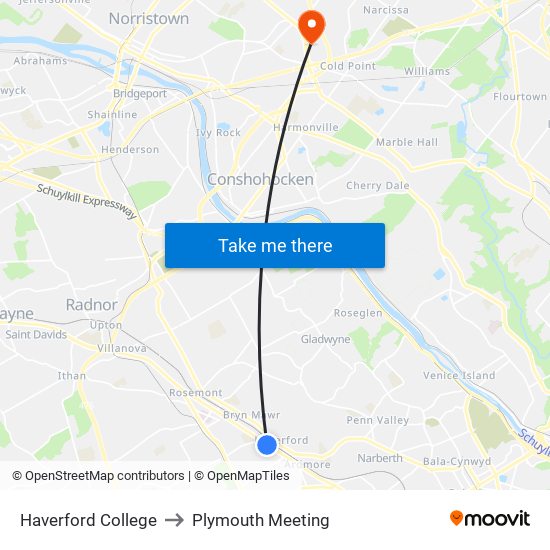 Haverford College to Plymouth Meeting map