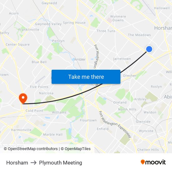 Horsham to Plymouth Meeting map