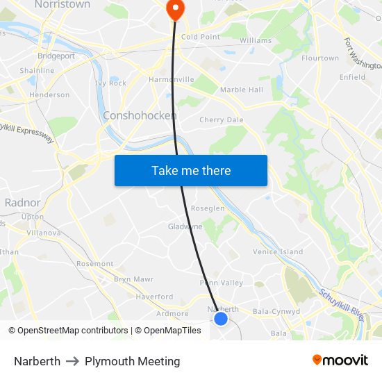 Narberth to Plymouth Meeting map