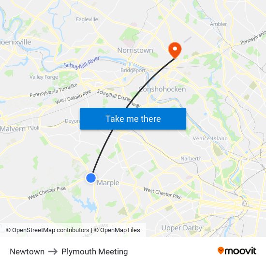 Newtown to Plymouth Meeting map