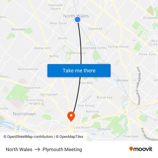 North Wales to Plymouth Meeting map