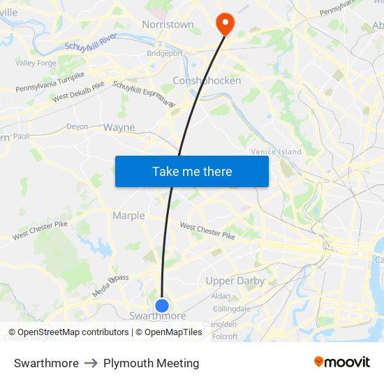 Swarthmore to Plymouth Meeting map