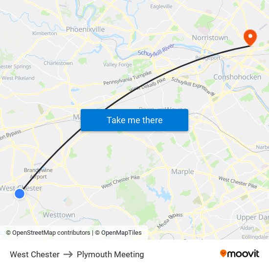 West Chester to Plymouth Meeting map