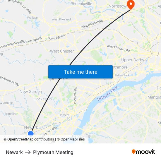 Newark to Plymouth Meeting map