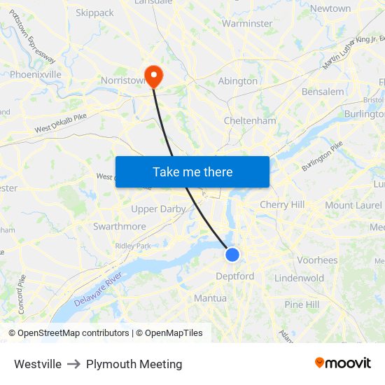 Westville to Plymouth Meeting map