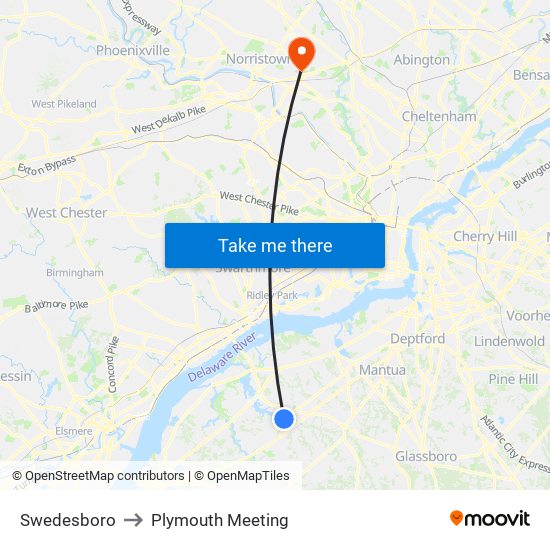 Swedesboro to Plymouth Meeting map