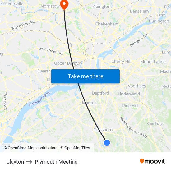 Clayton to Plymouth Meeting map