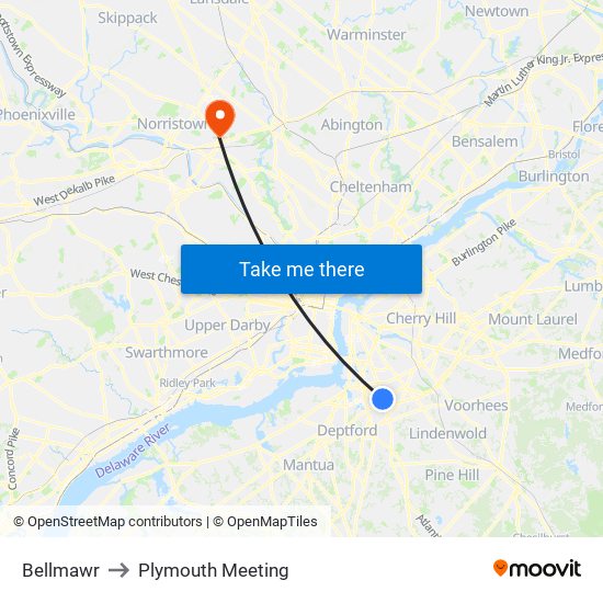 Bellmawr to Plymouth Meeting map