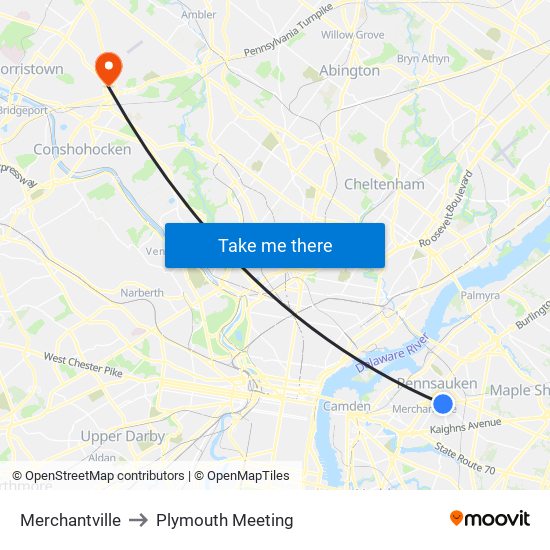 Merchantville to Plymouth Meeting map