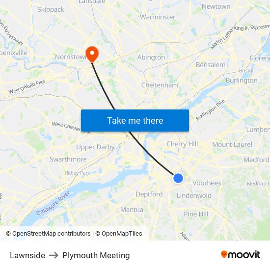 Lawnside to Plymouth Meeting map