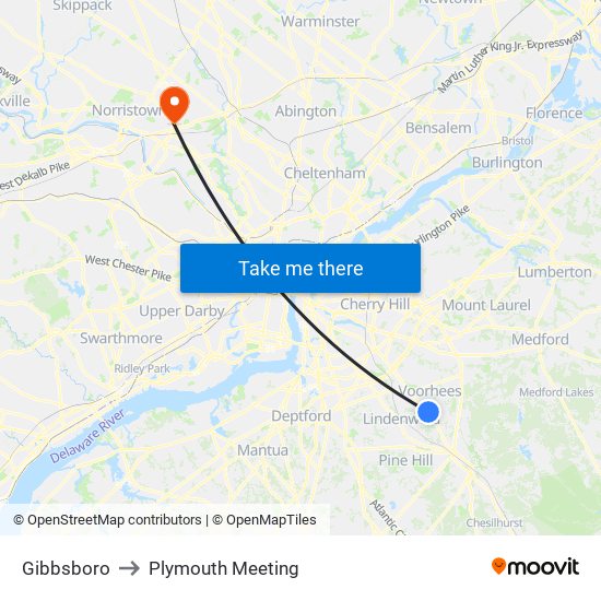 Gibbsboro to Plymouth Meeting map
